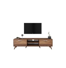 Mueble de TV en Nogal con 2 Cajones y Estantes - 180x35x48.5 cm con Patas de Madera.